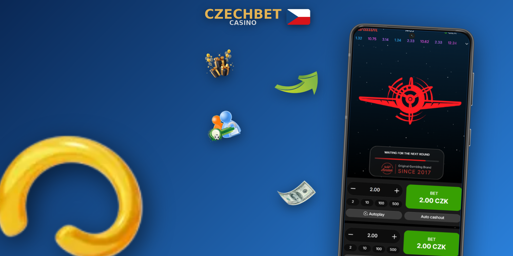 Panoramatický vizuál Aviator v Czechbet Casino — letadlo stoupá nad grafem variance kol